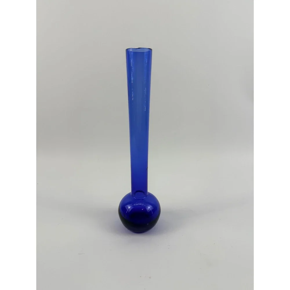 Vintage Hand Blown Cobalt Blue Art Glass Bud Vase Orb Ball Base Studio Glass